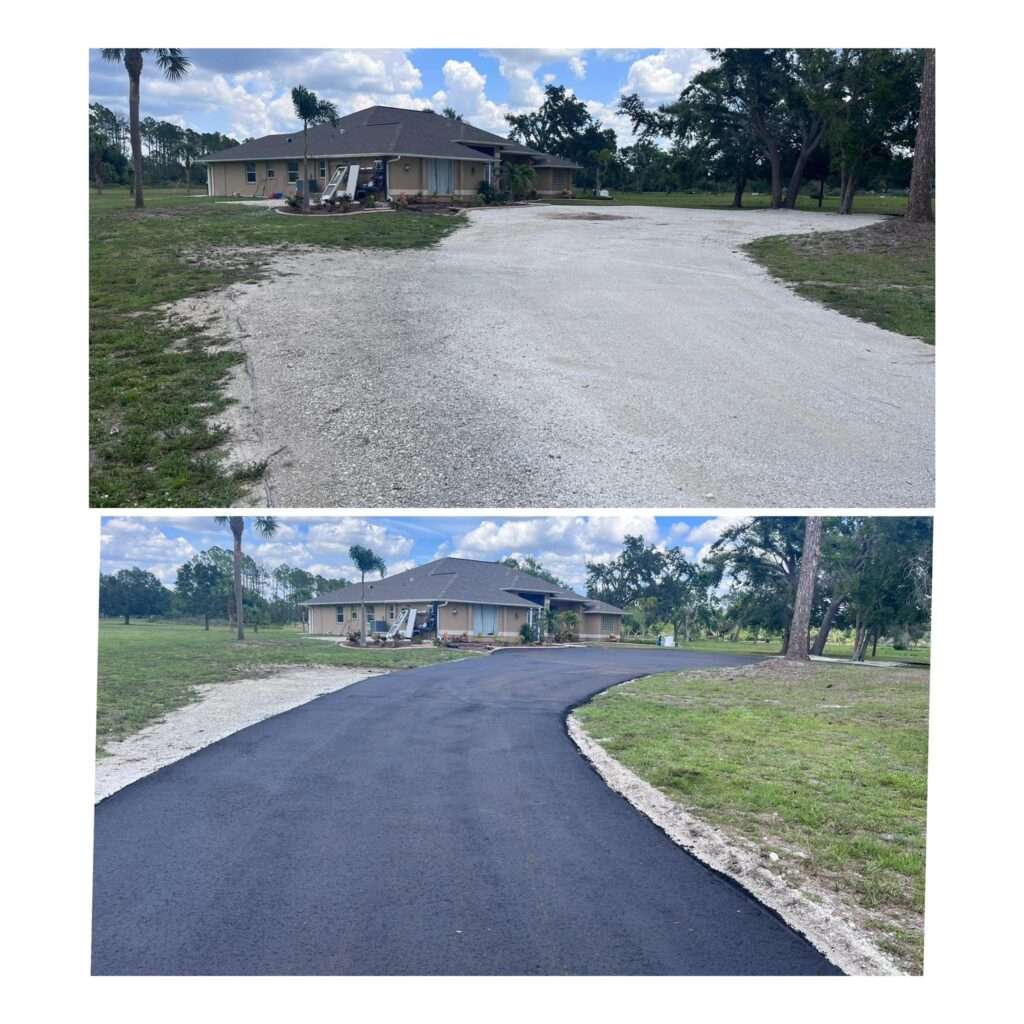 Before and after images of recently asphalt paved driveway.