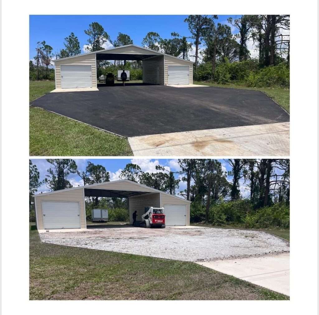 Before and after images of recently asphalt paved driveway.